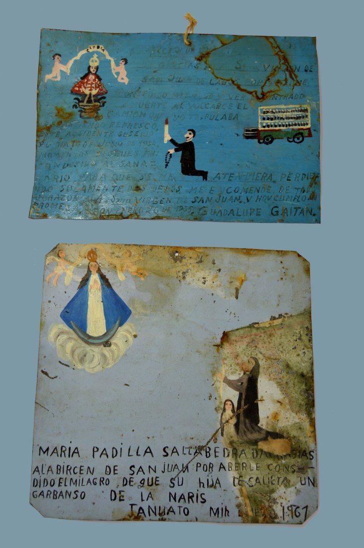 Pair of Antique Mexican Icons on Tin, Virgin & Angels (1 of 2)