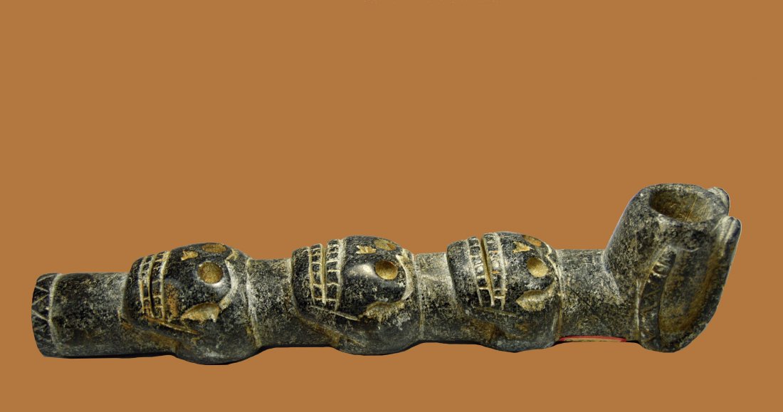 Rare Mound Builder Native American 3 Skull Stone Pipe (1 of 8)