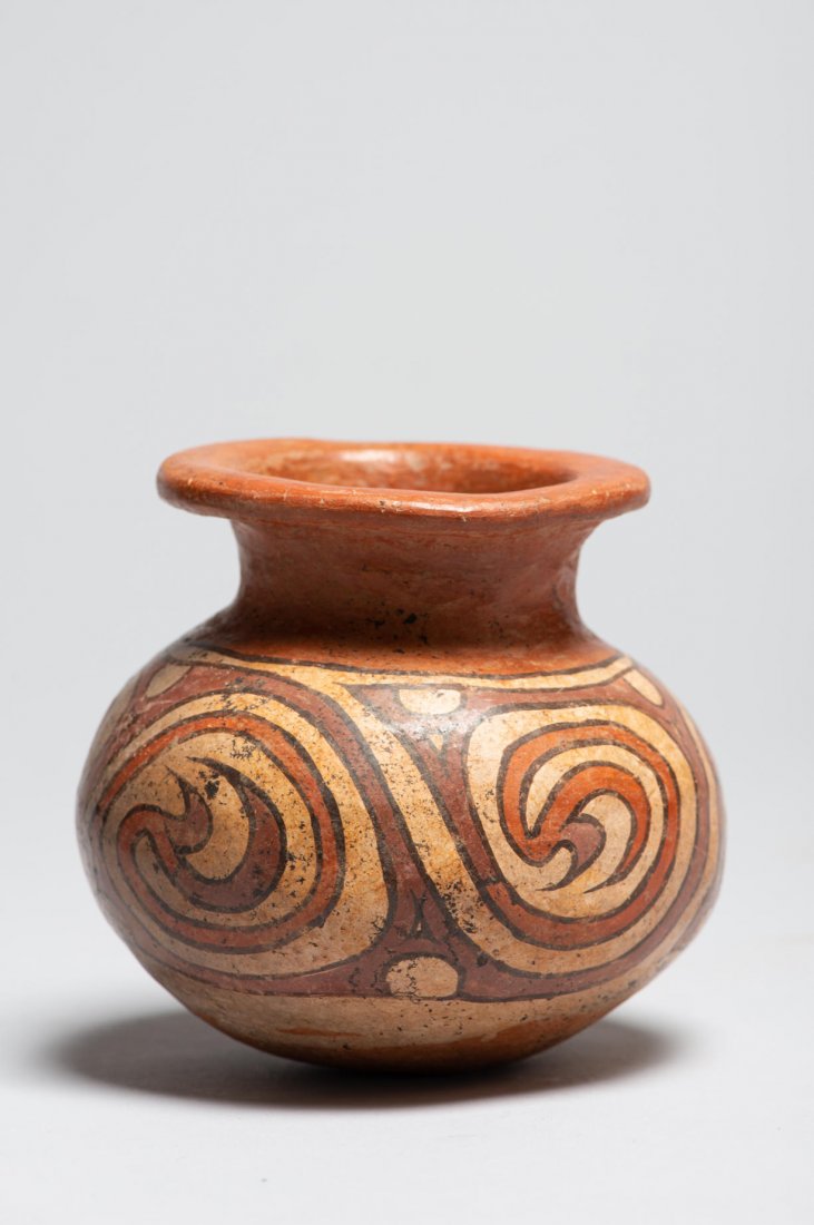 Precolumbian Painted Vessel 800-900 AD Panama: Painted Ceramic Pot. H: 5.5 inches, Dia: 5 inches. Pre-Columbian, Conte Period (800 -900 a.d.). Central Panama. Provenance: Ex: Alan Grinnell, Los Angeles. Provenance: Donated by a member of The Ethni