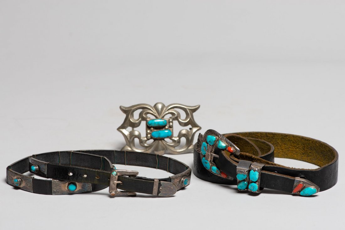 3 Piece Native American Belt,Hatband and Buckle: This lot includes a Set of silver and turquoise pieces: belt, hat band, and buckle. 20th century. Provenance: Donated by a member of The Ethnic Arts council of Los Angeles.All lots must be paid for af