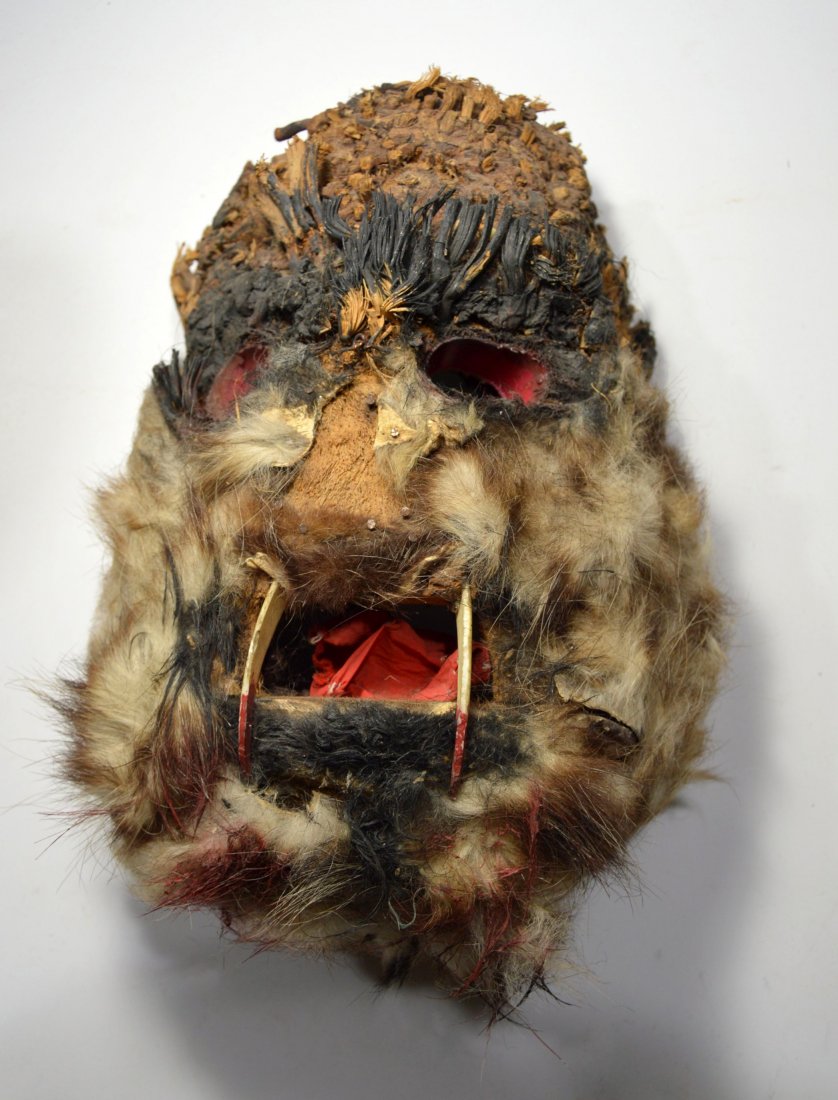 Striking Antique Wolf Man Mask from Mexico: Old and well worn wooden mask embellished with various animal hair and teeth, and textile straps for wearing. This mask resembles a wolf man and was collected in situ in 1965-1967 in Oaxaca Mexico by 