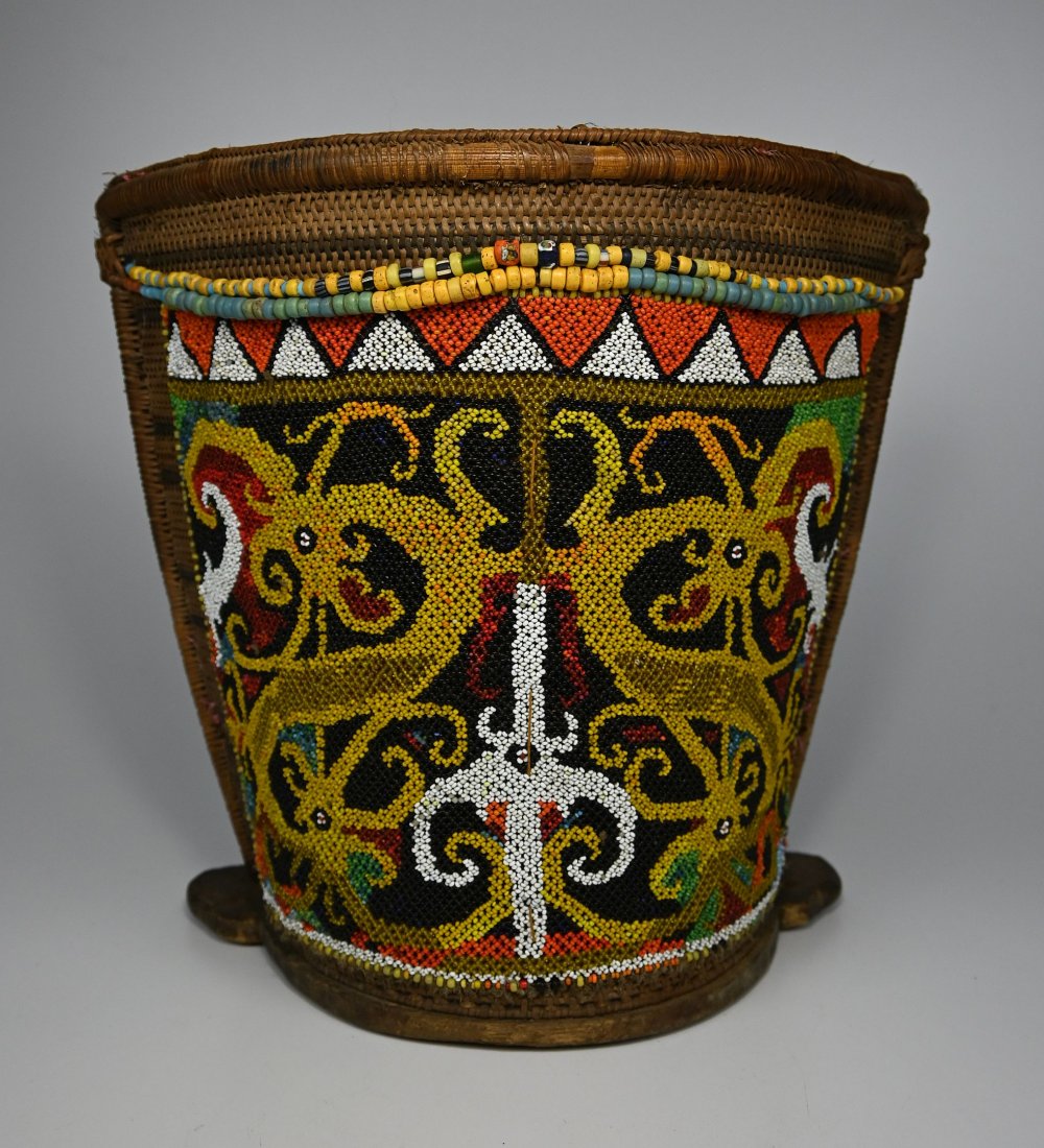 Antique Dayak Baby carrier basket with beaded design (1 of 6)