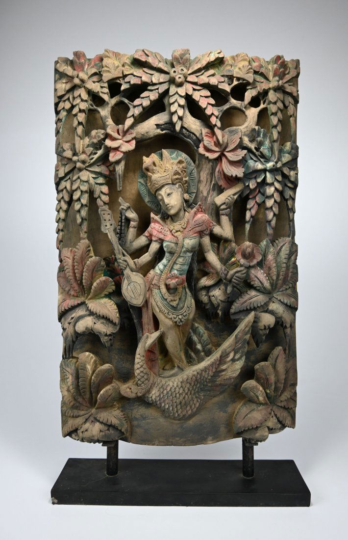 A Finely Carved Saraswati Wooden Panel (1 of 7)