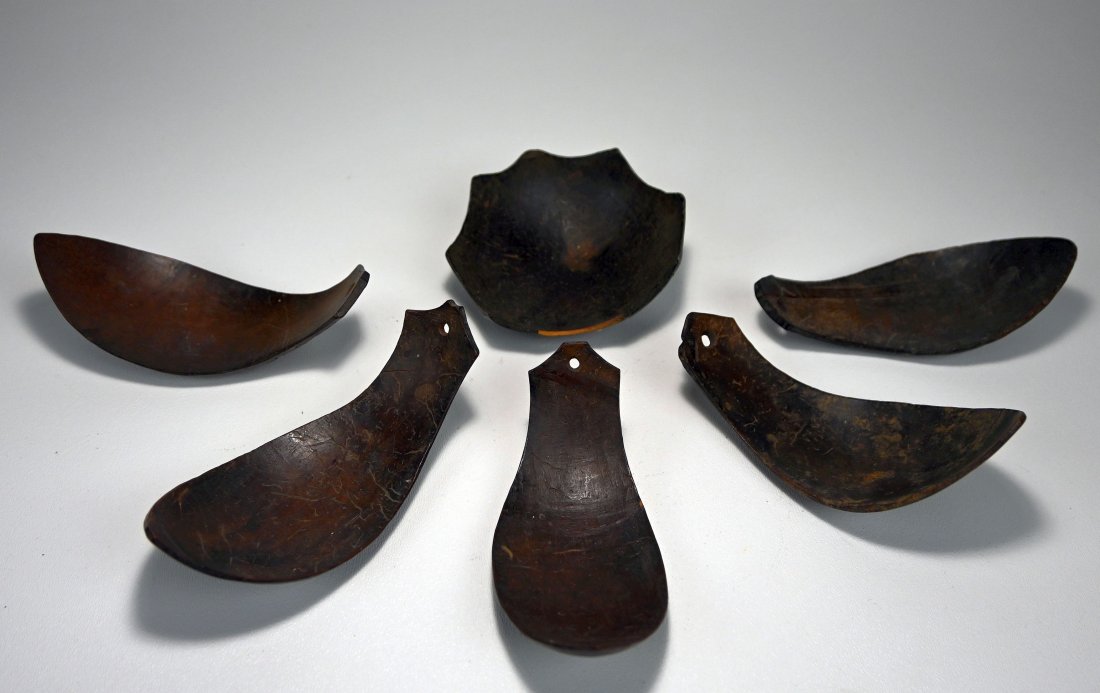 Collection Ifugao Ceremonial Coconut Ladles Ex Museum: A Collection of 5 ladles and one small bowl/cup. A coconut shell cup would be used by priests for ceremonial rice wine drinking during ritual occasions. Ifugao peoples, Luzon, Philippines. This entire