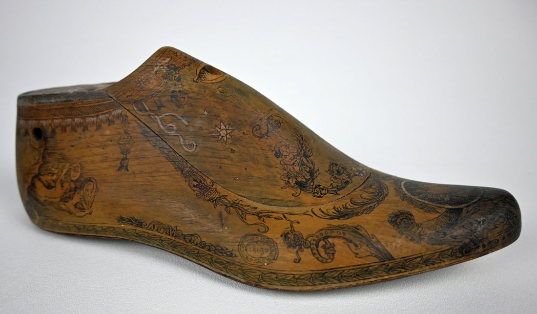 Antique Mexican Shoe Form with Painted design Ex Museum: A Lovely antique Shoe form with detailed painted designs and floral motifs. Measures 10.5 inches. Provenance: Collected in Mexico in 1970: Ex Museum of Oddities, Metamora, Indiana.