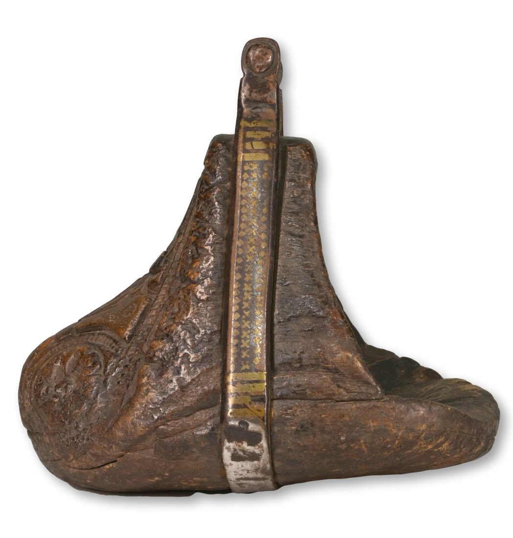 A Rare 18/19th century Tibetan Stirrup: Carved wooden and decorated stirrup shoe with finely crafted bronze work supports with design work, a rare find. Tibet, 18th -19th century. Provenance: The Robert Banks collection, Maryland, USA.