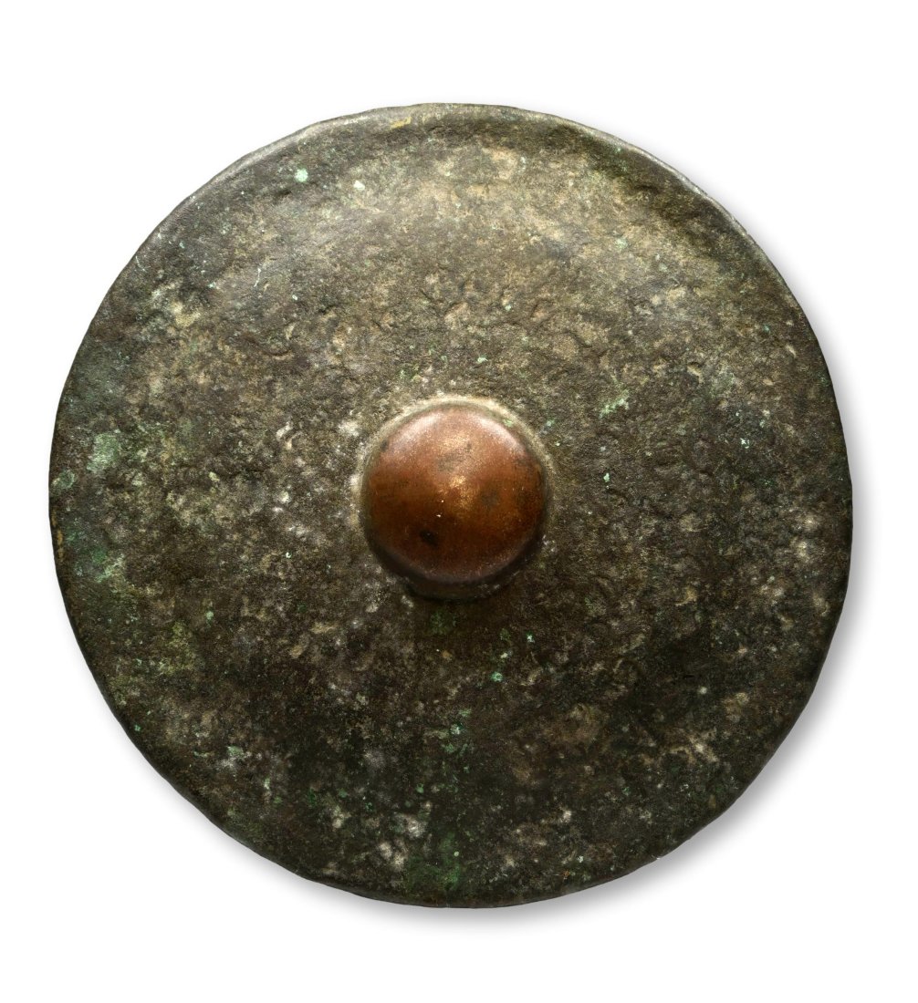 Antique Ceremonial Bronze Gong: A very old hand late 19th or early 20th century hammered bronze nipple gong with obvious age and field use, likely carried in ceremonial processions. The Gong has a wonderful pure tone when played and