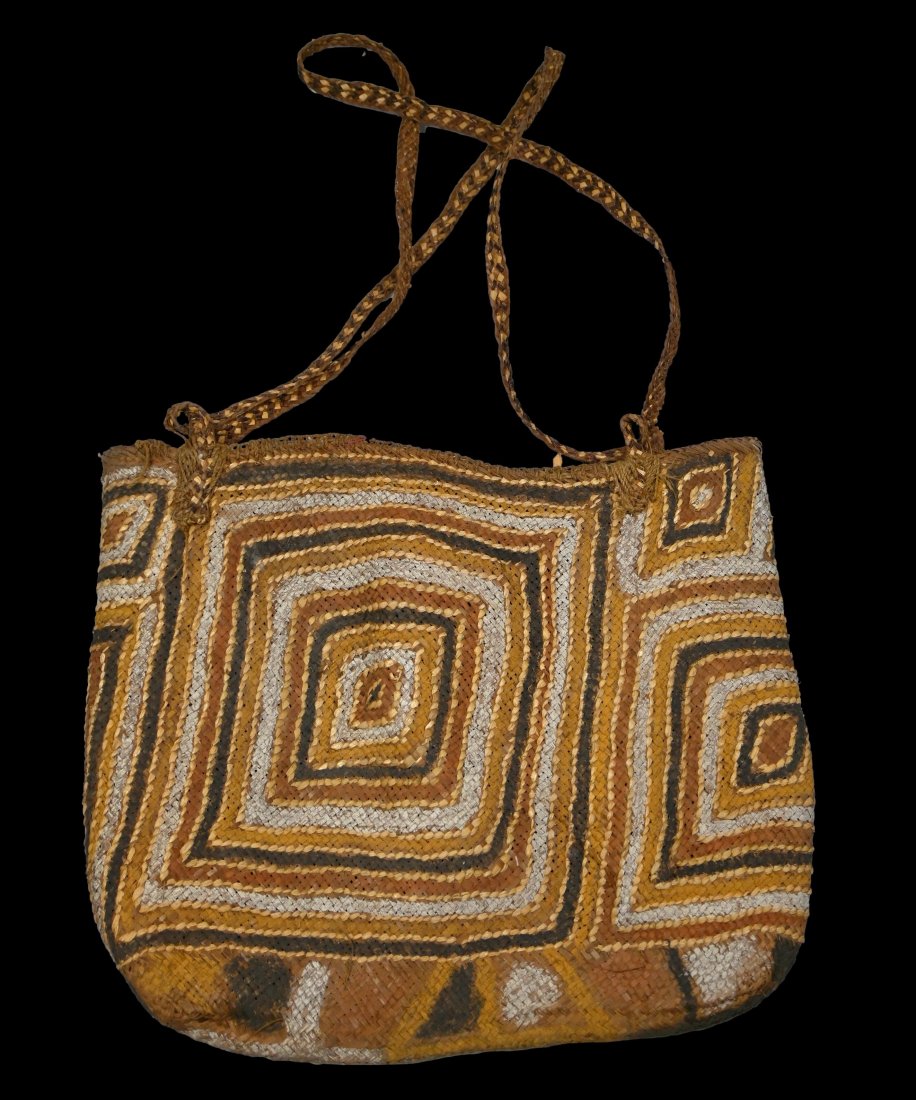 A Fine Old Suki Carrying Bag: A Suki carrying bag, Suki people, middle fly river western province, Papua New Guinea.Of classical form the bags with geometric designs woven into the basic shape in raised fiber and carefully pigment