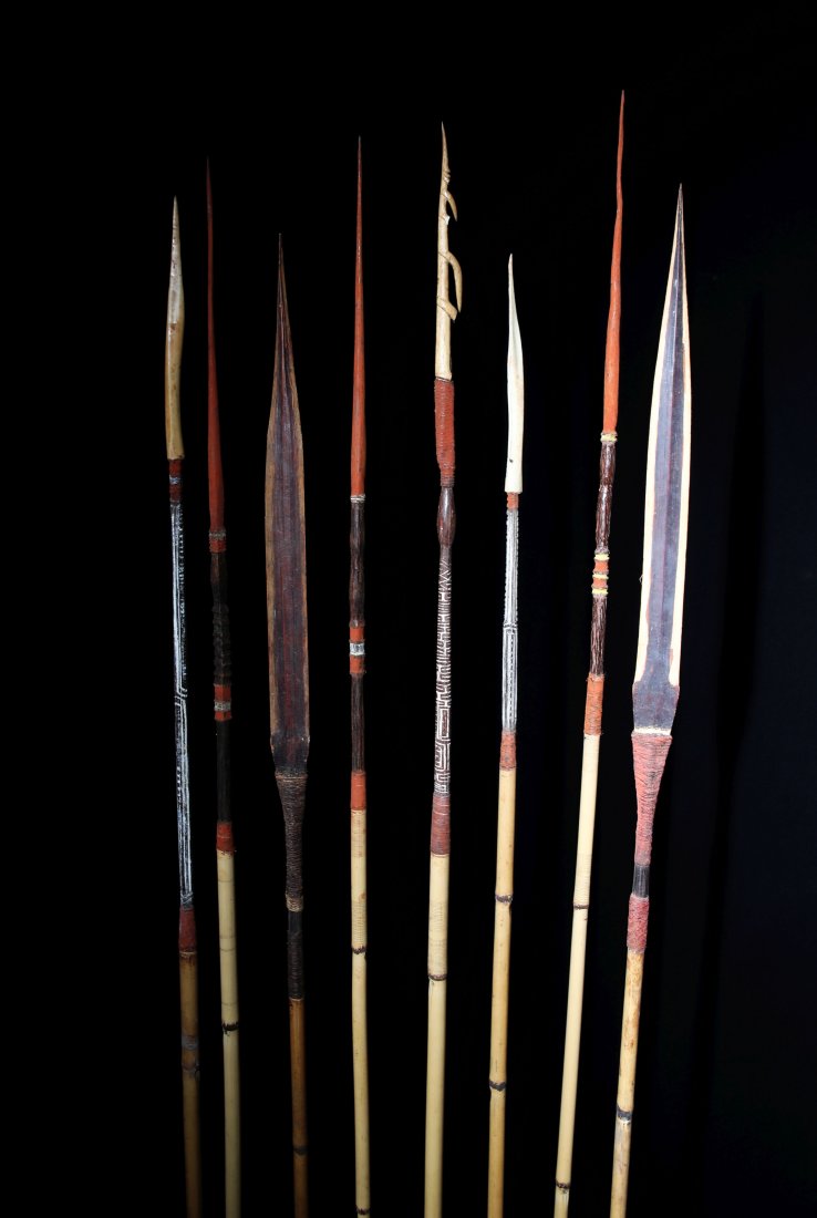Lot of Eight Strickland River Arrows: A group of 9 Strickland River arrows. Samo, Bedamini and Gebusi peoples, Western Province, Papua New Guinea.Of typical form for the type, a group of mixed arrows with wooden heads, bone tips and bambo