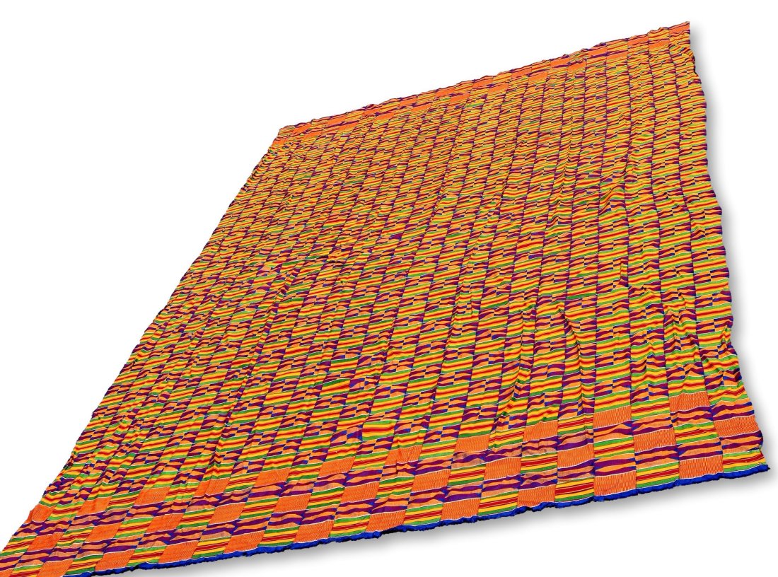 A Royal Blue & Gold Ashanti Kente Cloth: A very large traditional Kente wrap cloth woven on small hand looms in strips and then sewn together. This is a classic example with a rich blue, yellow, red and gold color and is an excellent eye daz