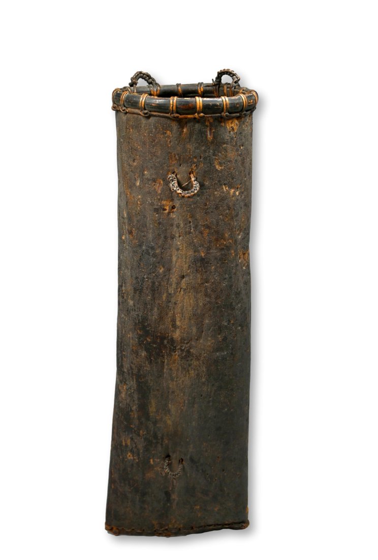 19th Century Dayak Tun Tun or Pigstick Holder Ex Nooter Collection: A very finely crafted old bark and rattan tun tun or pigstick holder, with well worn and well handled surface and signs of traditional use over many years, likely 19th century. Dayak peoples, Borneo /