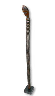 Rare Ubangi Ceremonial Staff Ex Endicott Collection: A very finely carved wooden scepter with twisted or ribbed design along the shaft and a well worn ancestor style head on top. This staff is very well handled suggesting many years, possibly generation