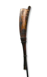 Carved & Decorated Animal Horn Ex Endicott Collection: 19th century carved and decorated animal horn container with incised designs and a deep well handled surface patina. The Horn measures 16 inches long. Unknown ethnic group, Tanzania, Africa. A metal d