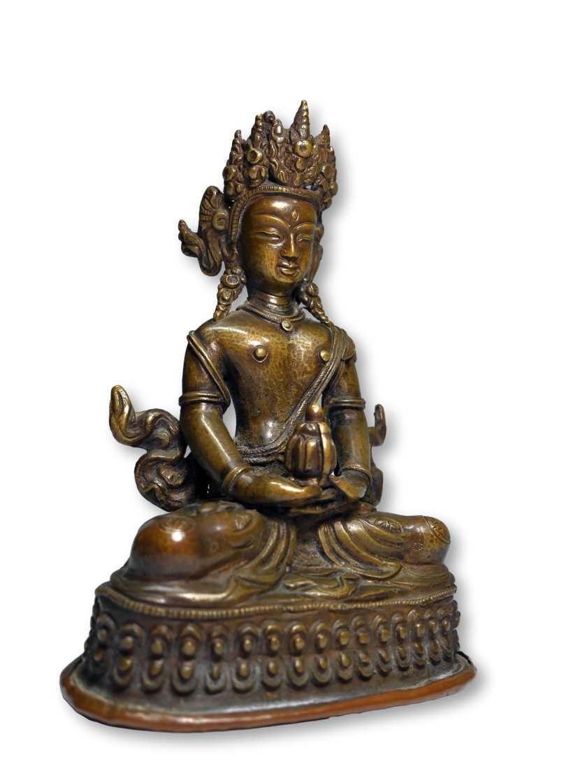 A Fine Antique Bronze Amitayus Buddha Of Infinite Life: A Finely cast late 19th or possibly early twentieth century Tibetan Amitayus buddhist representation of longevity. He holds the sacred vessel emanating everlasting life. It is consecrated or blessed w