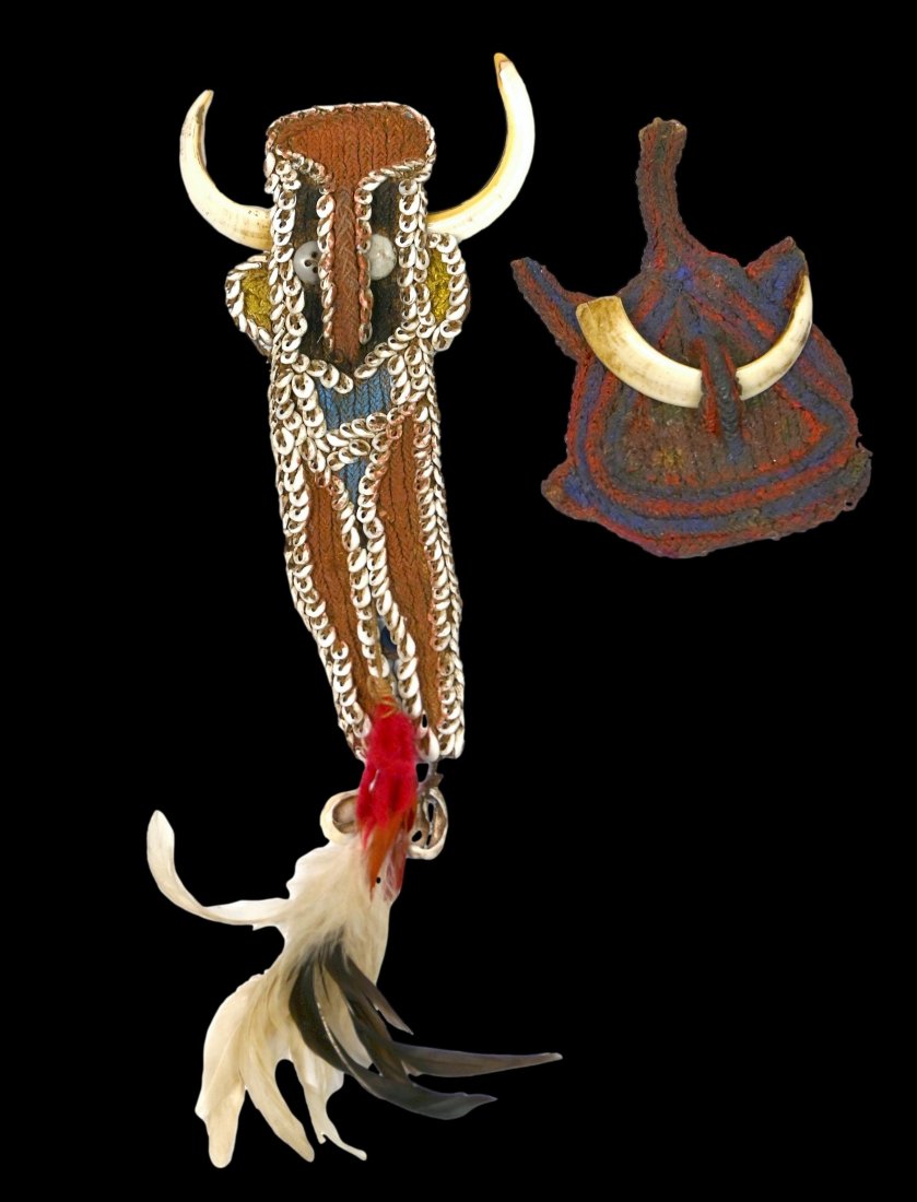 Abelam Karahut and Woven Charm: An Abelam Karahut and a woven charm, possibly Washkuk. East Sepik Province, Papua, New Guinea.The first, a Karhut of classical form, with pigment and woven in anthropomorphic form, with Pigs tusks, th