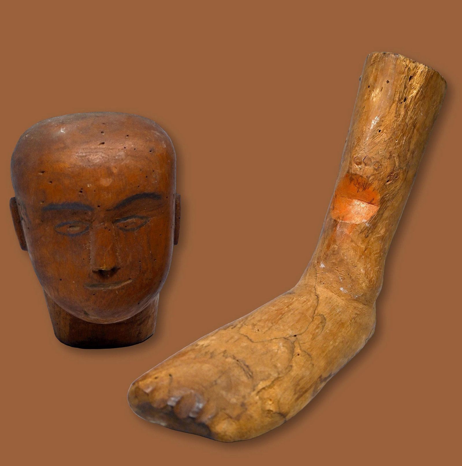Old Set of Ex Voto with Wounded Leg from Brazil: A set of antique Milagros or Ex Voto offerings collected Brazil, South America. In northeastern Brazil, ex-votos, called milagres in Portuguese, can be found at hundreds of important shrines where pil