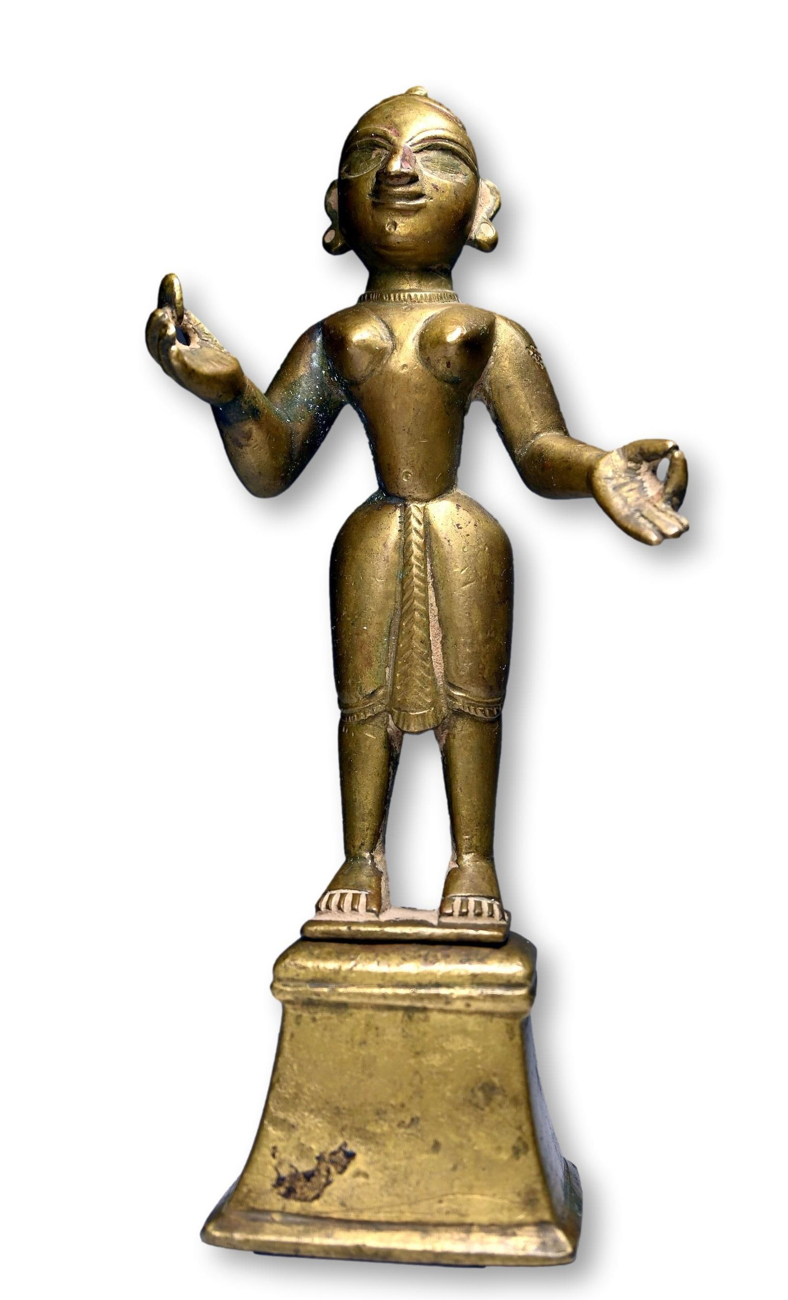 19th Century Bronze Radha Sculpture: A Finely cast antique image of the Goddess Radha with hands in meditative poses and standing on a pedestal ( removable), her eyes inset and may have at one time been inlaid. The sculpture measures 6.5