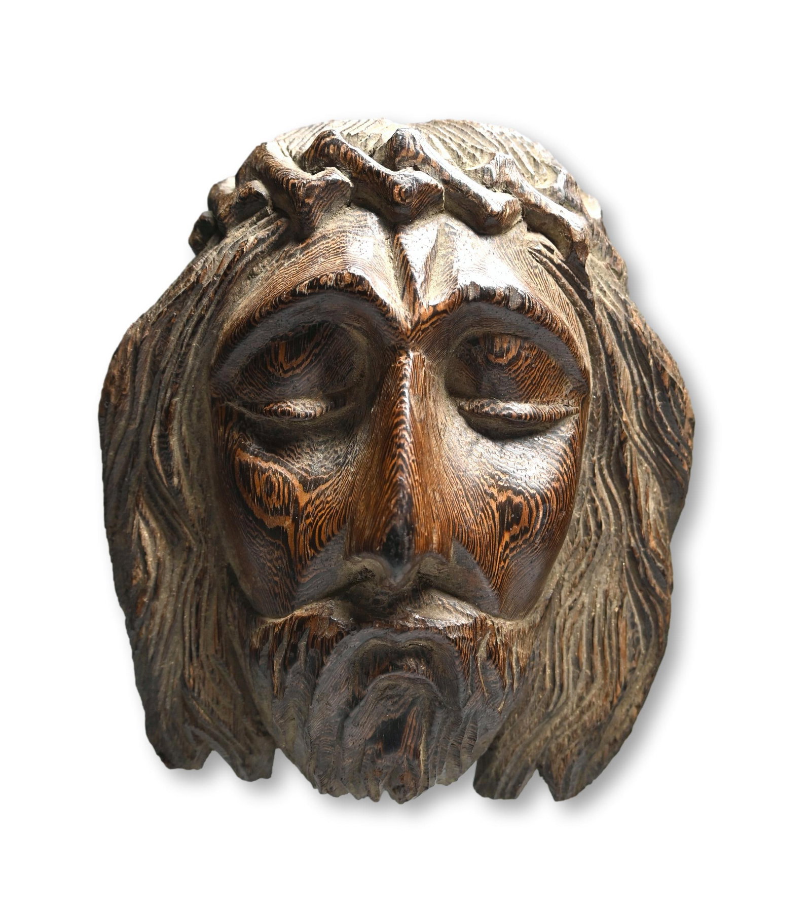 Antique Sculpture of Jesus Christ: An antique French sculpture of Jesus Christ's head with a crown of thorns, showcasing intricate craftsmanship and religious symbolism. Made in France, this collectible piece embodies Christian faith a