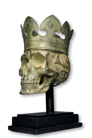 A Bronze Skull Wearing a Royal Crown Sculpture