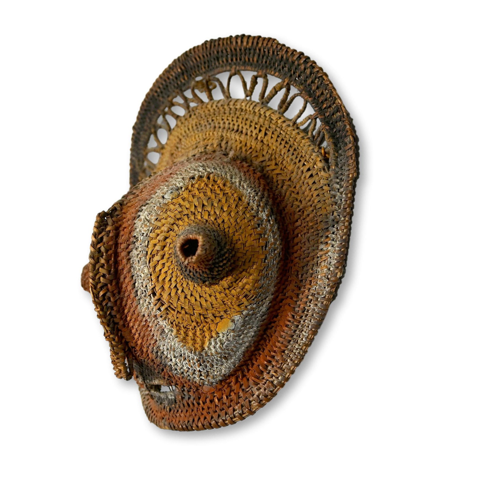 A Yam Harvest Mask Ex Don Nice collection: A Colorful basketry mask decorated with ochre pigments, protruding eyes and a wonderful woven design. According to the Met Museum : among the Abelam people of northeast New Guinea is the competitive g