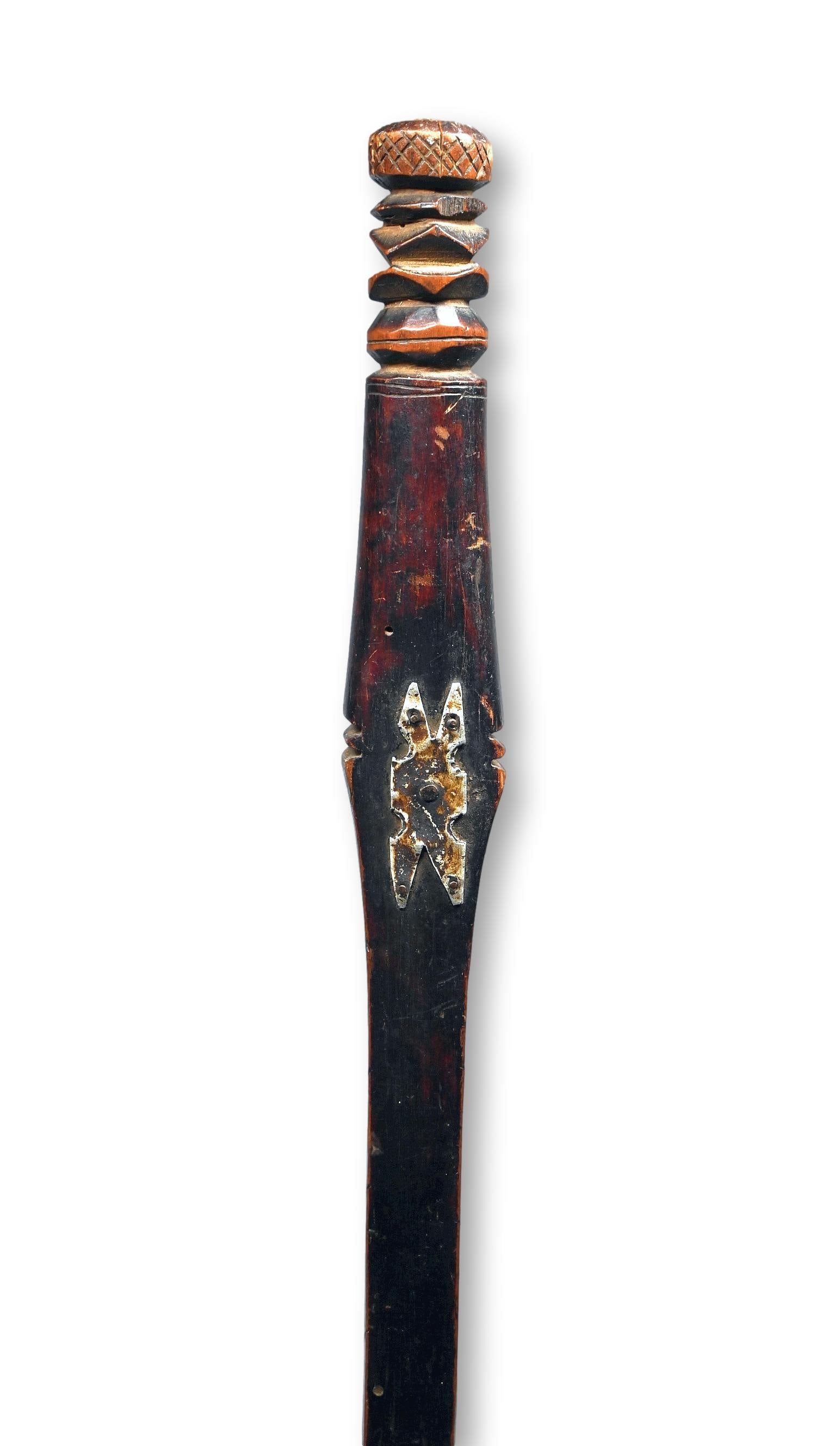 Old Mende Ceremonial Staff: This is a very old carved wooden staff with wonderful raised and incised designs and applied metal work. The staff is certainly antique and measures 42 inches tall on a simple, and less than adequate