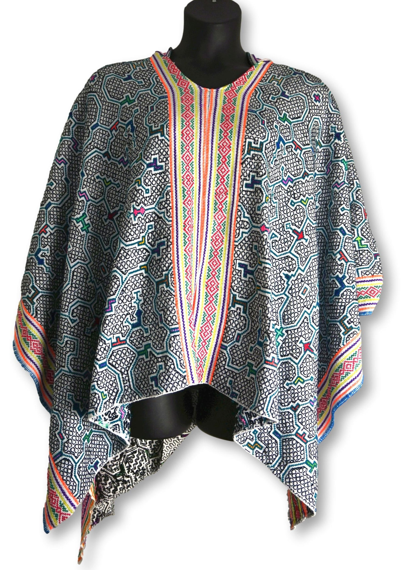 A White Shipibo Embroidered Ponhco, Amazon Indian (1 of 7)