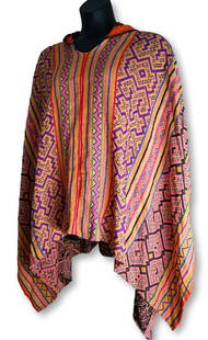 Orange & Purple Ceremonial Poncho, Ayahuasca, Amazon Indian: This is a hand embroidered and dyed cotton textile poncho with a hood from the Peruvian Amazon jungle, South America. Each Poncho takes 6 to 8 weeks to create. The Shipibo peoples weave such textiles