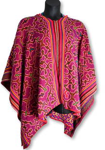 Shipibo Indian Ayahuscha Ceremony Hand Made Poncho: This is a hand embroidered and dyed cotton textile poncho with a hood from the Peruvian Amazon jungle, South America. The Shipibo peoples weave such textiles for ceremonial use during Ayahuasca