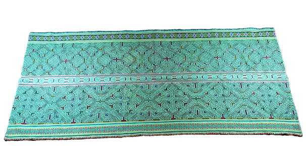 A Shipibo Ceremonial Textile, Amazon Jungle: This is a hand embroidered and dyed cotton textile from the Peruvian Amazon jungle, South America. The Shipibo peoples weave such textiles for ceremonial use during Ayahuasca ceremonies and the intric