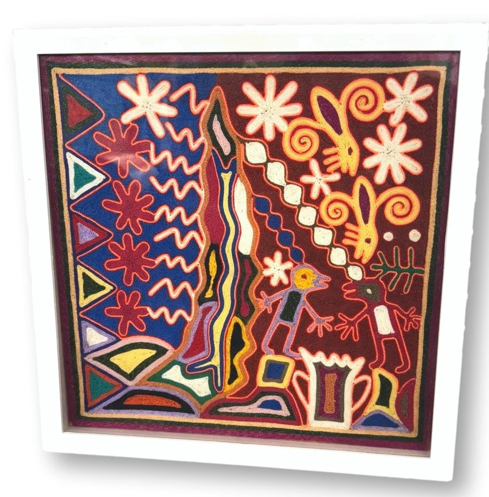 Antique Huchicol Yarn Painting Of Ancestor Spirits: A fine Antique Huchicol Indian Yarn painting of ancestor spirits and deities known as Watetuapa.The cloth measures 13 x 13 inches in a shadow box under glass.Hucicol indians, Sierra Madre Mountain ran