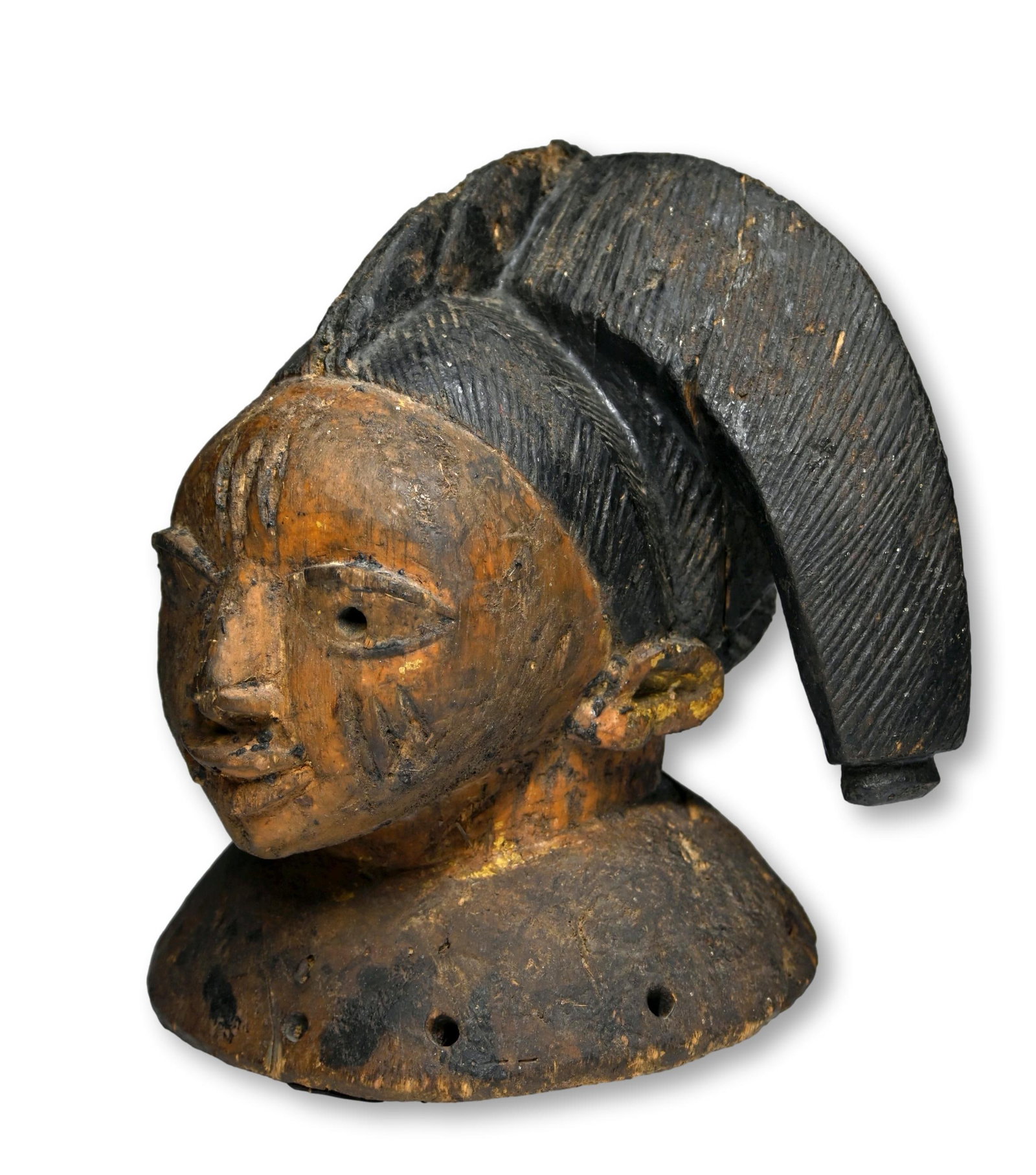 Early Yoruba Egungun Headdress Museum Exhibited: A very old, possibly 19th century carved wooden headdress cap with a wonderful traditional face and swept to the side coiffure that represents a hunters cap, Abeokuta regional style, Yoruba peoples, N