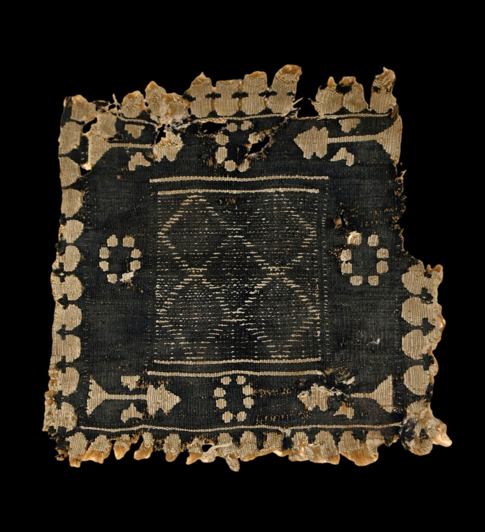 Well Preserved Ancient Coptic textile with Cross designs: A rare large fragmented section of an ancient textile dating from the 3rd-10th century, Egypt and the Coptic peoples. The fragment features beautiful black and white colors and what appear to be