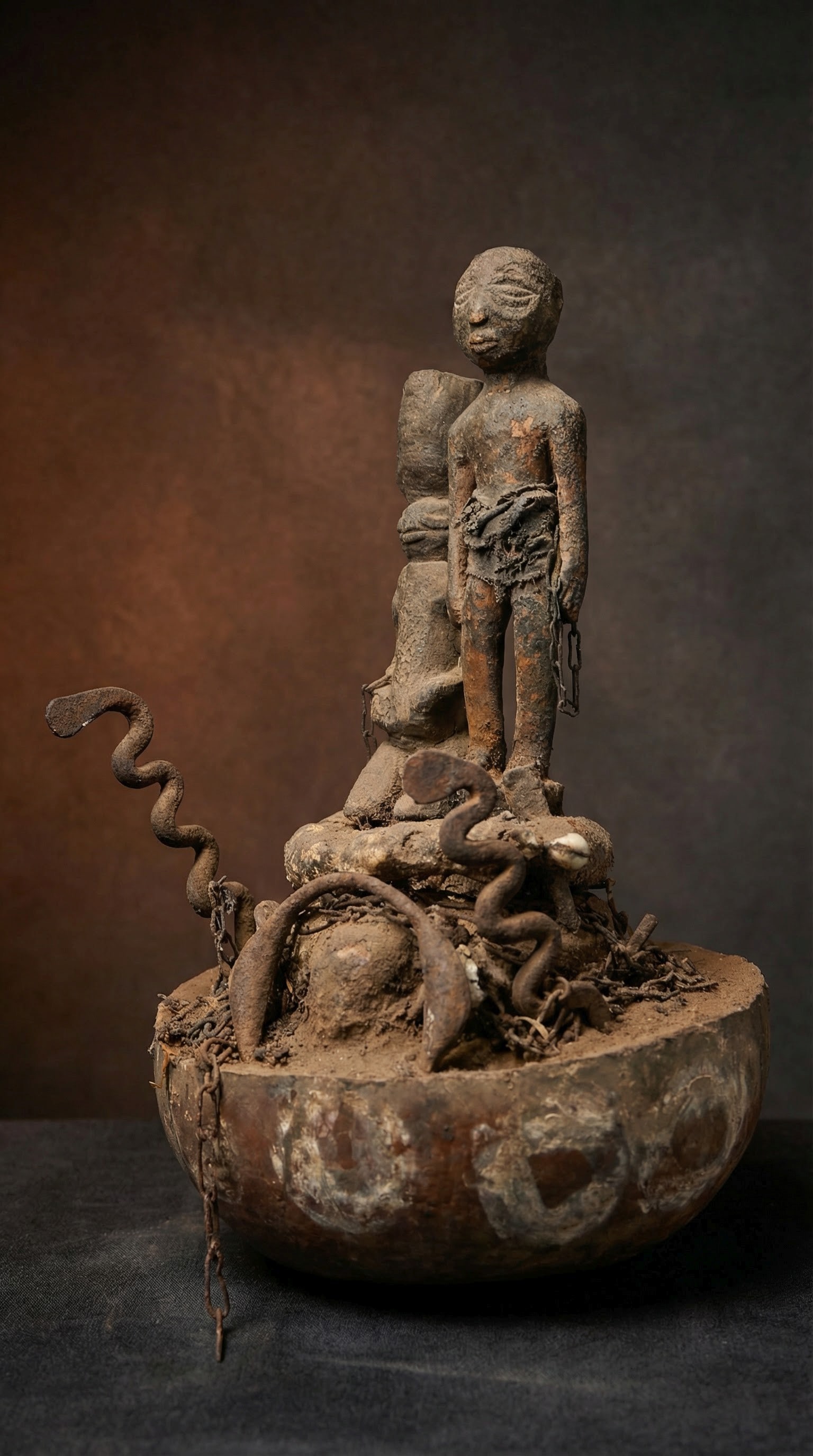 A Fon Shrine Altar: A Terracotta clay and wooden shrine altar or object, featuring two wooden idols, two iron serpents and a terracotta clay vessel filled with organic materials and offerings. The Altar measures 13 x 8 i