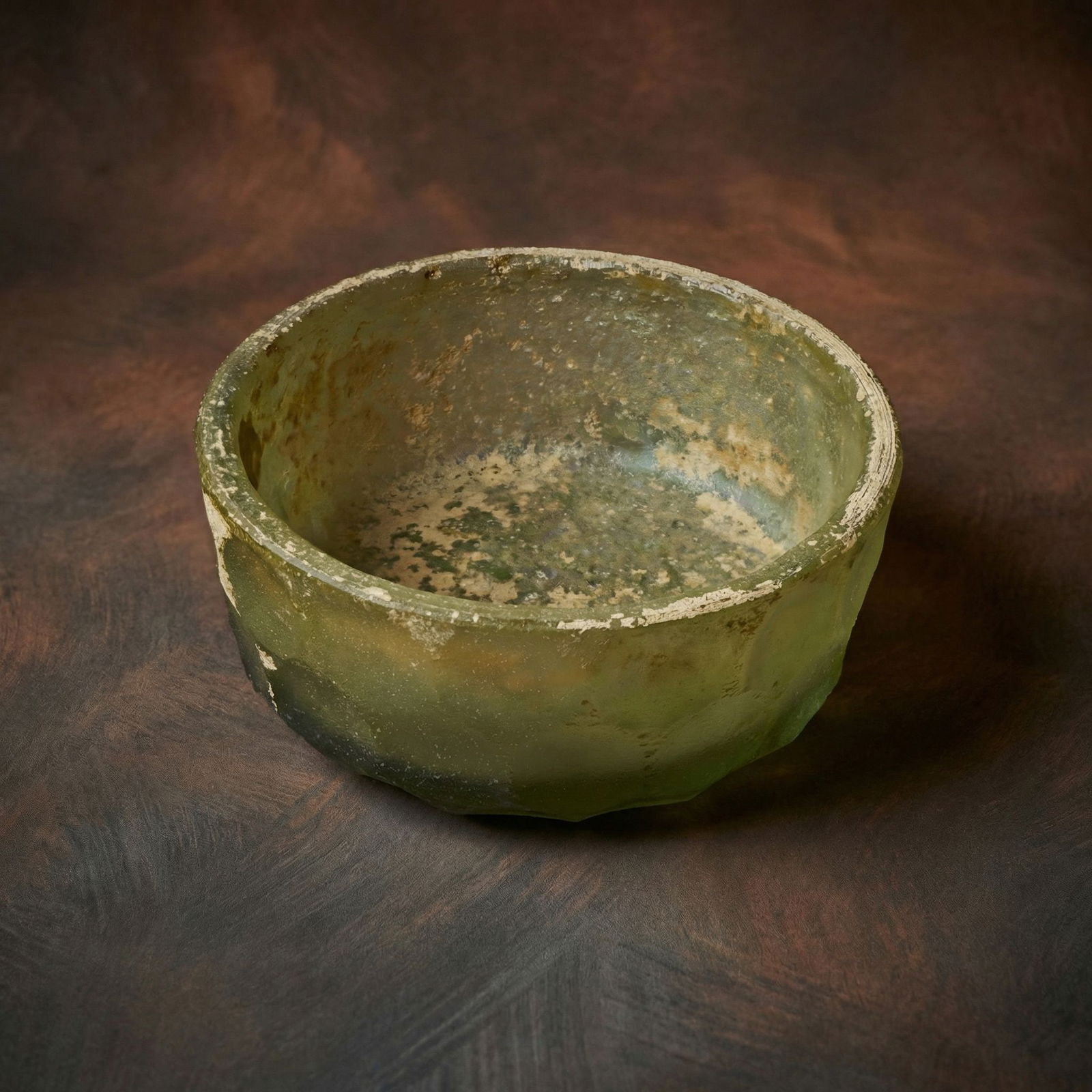 Ancient 5th Century Persian Glass Bowl: A very rare example of ancient glass craftsmanship from the Sassanian culture, ancient Persia / Iran and dating to the 5th century. The olive colored cut glass bowl has heavy encrustations and