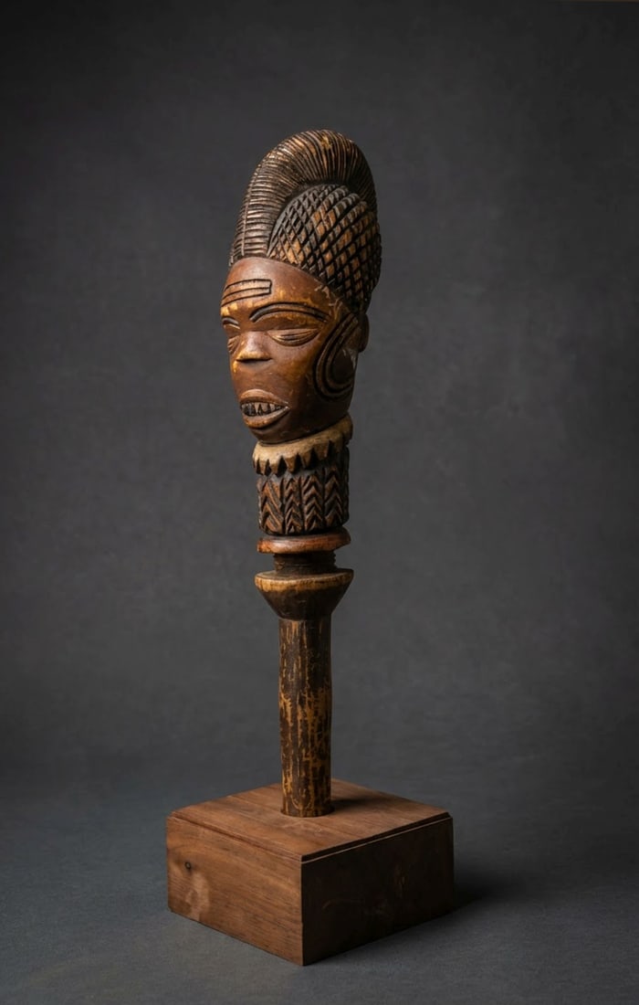 A Kuyu Parade Staff: A tall slender carved wooden marionette like head, also possibly used in dance or as a parade staff with stylized ancestor face, elaborate coiffure, incised scar designs and traditional grimace like s