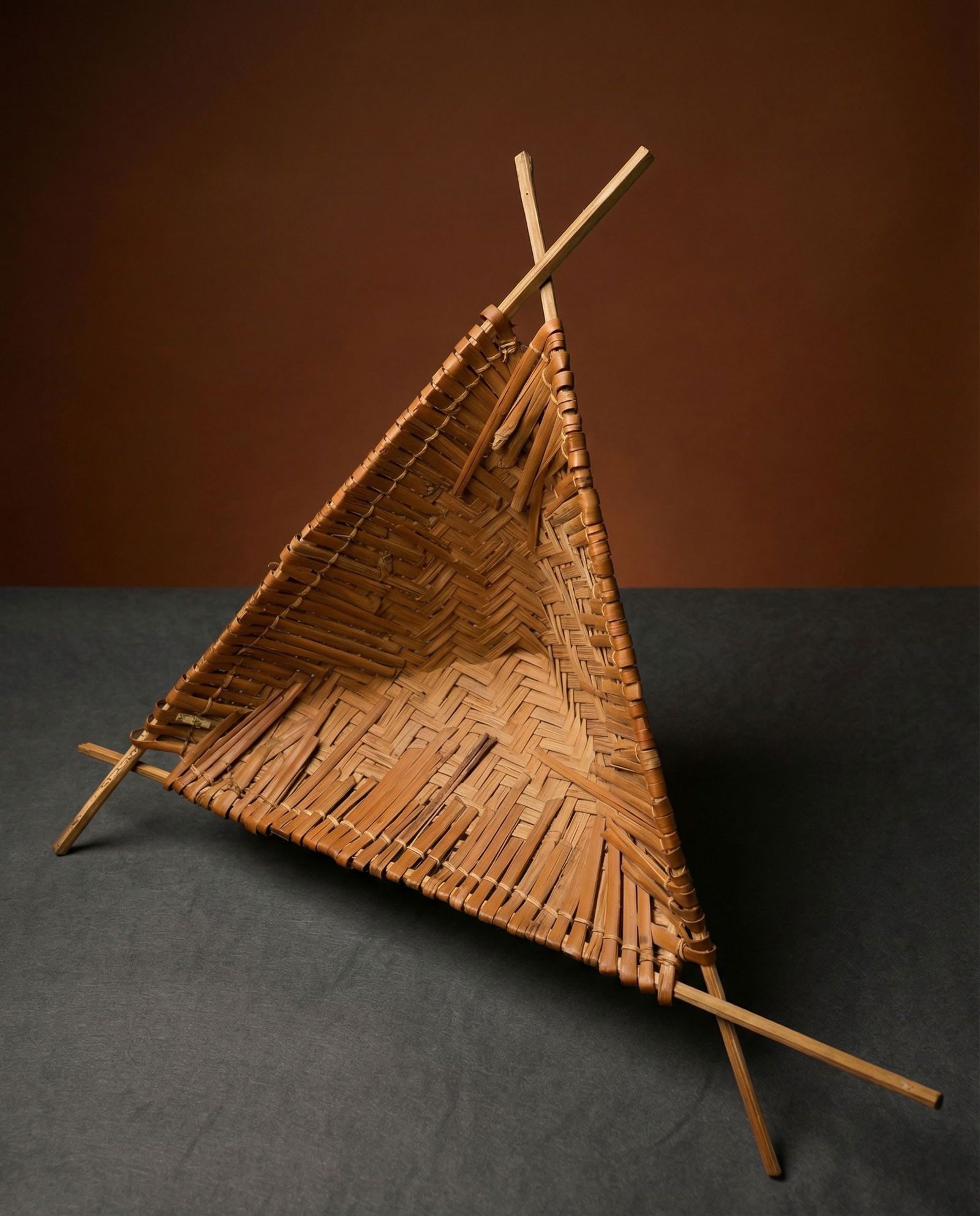 A Yaka Salt Basket Ex Gallery DeRoche: A lovely and unusual old basket in triangular form used as a salt colander by the Yaka peoples, DRC/ Congo, central Africa. A rare and unusual form. The Basket measures 16 x 14.5 inches across.