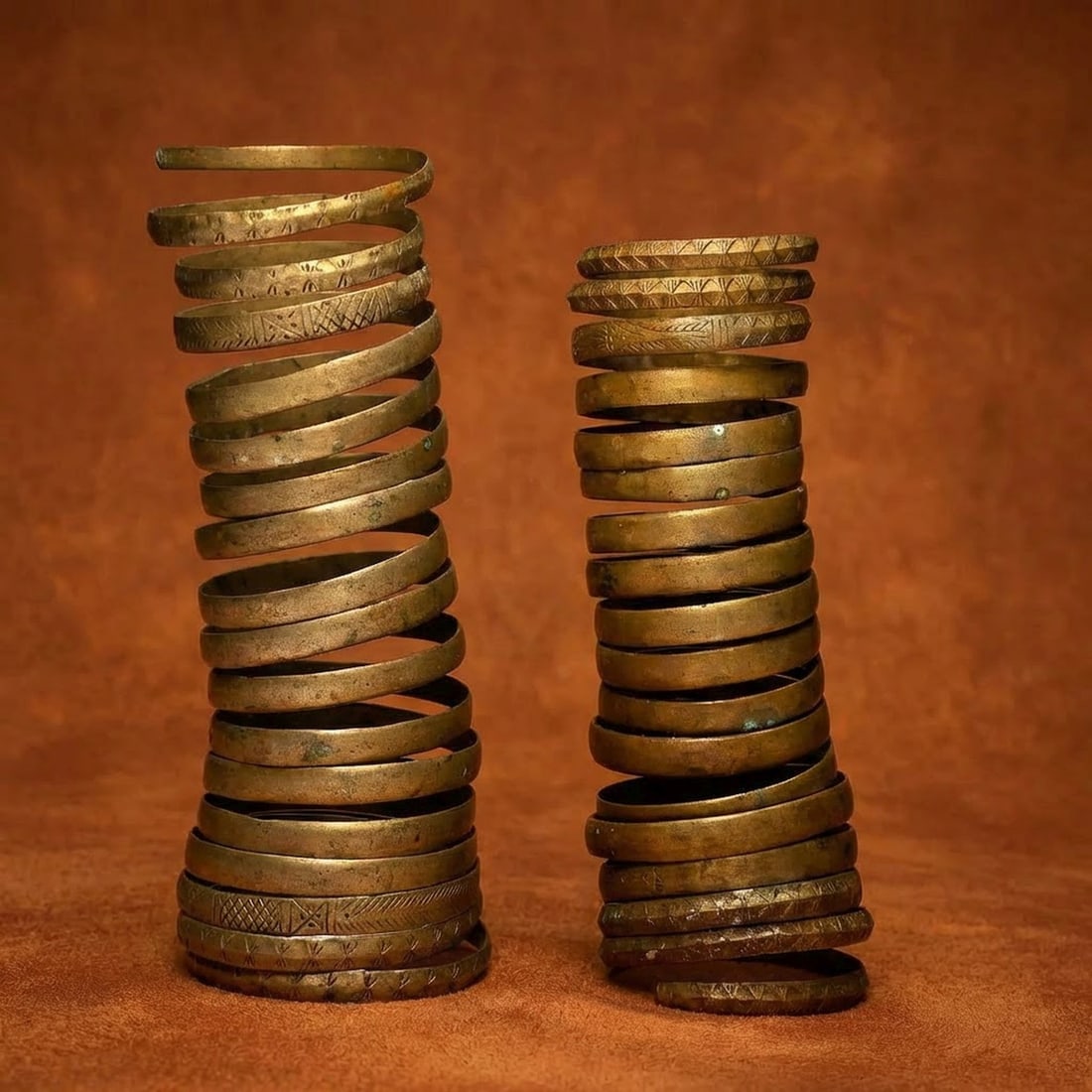 Antique Naga Armbands from India: Antique pair of hand forged brass coiled bracelets with engraved designs, collected in North Eastern India, Konyak peoples, Nagaland, in the early 1990's. The Pair measure 9 inches.