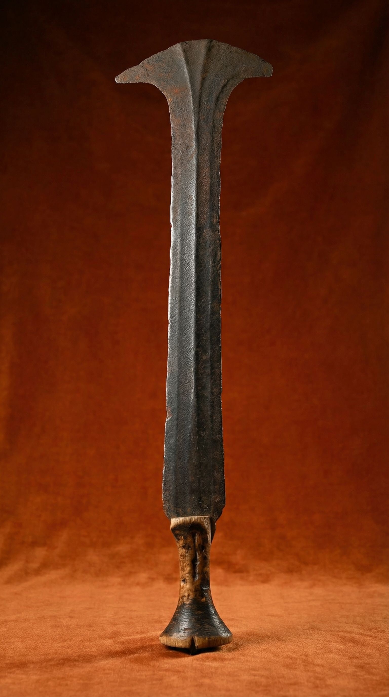 A Ekonda African Sword: A hand forged iron and wood short sword with traditional flared blade, raised central lines and a simple handle of wood. The Sword measures 20.5 inches long. Konda or Ekonda peoples, DRC/ Congo, centr