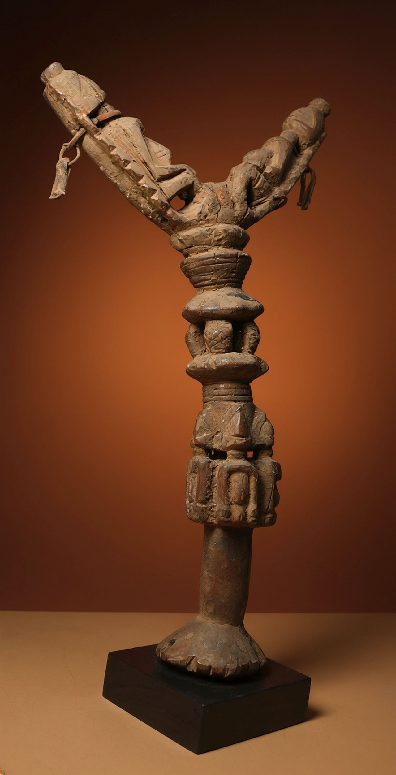 A Dogon Shrine Altar / Staff: A carved wooden post or staff like sculpture with various anthropomorphic ancestor figures and open work forms, encrusted surface covered in organic matter from libations / offerings. The Sculpture me