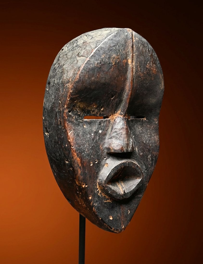 A Dan African Mask Field Collected 1960s: A charming carved wooden mask with a simple and serene face, well handled surface, raised central line on forehead, and runs through the pierced lips. Dan peoples, Liberia, West Africa. The Mask measu