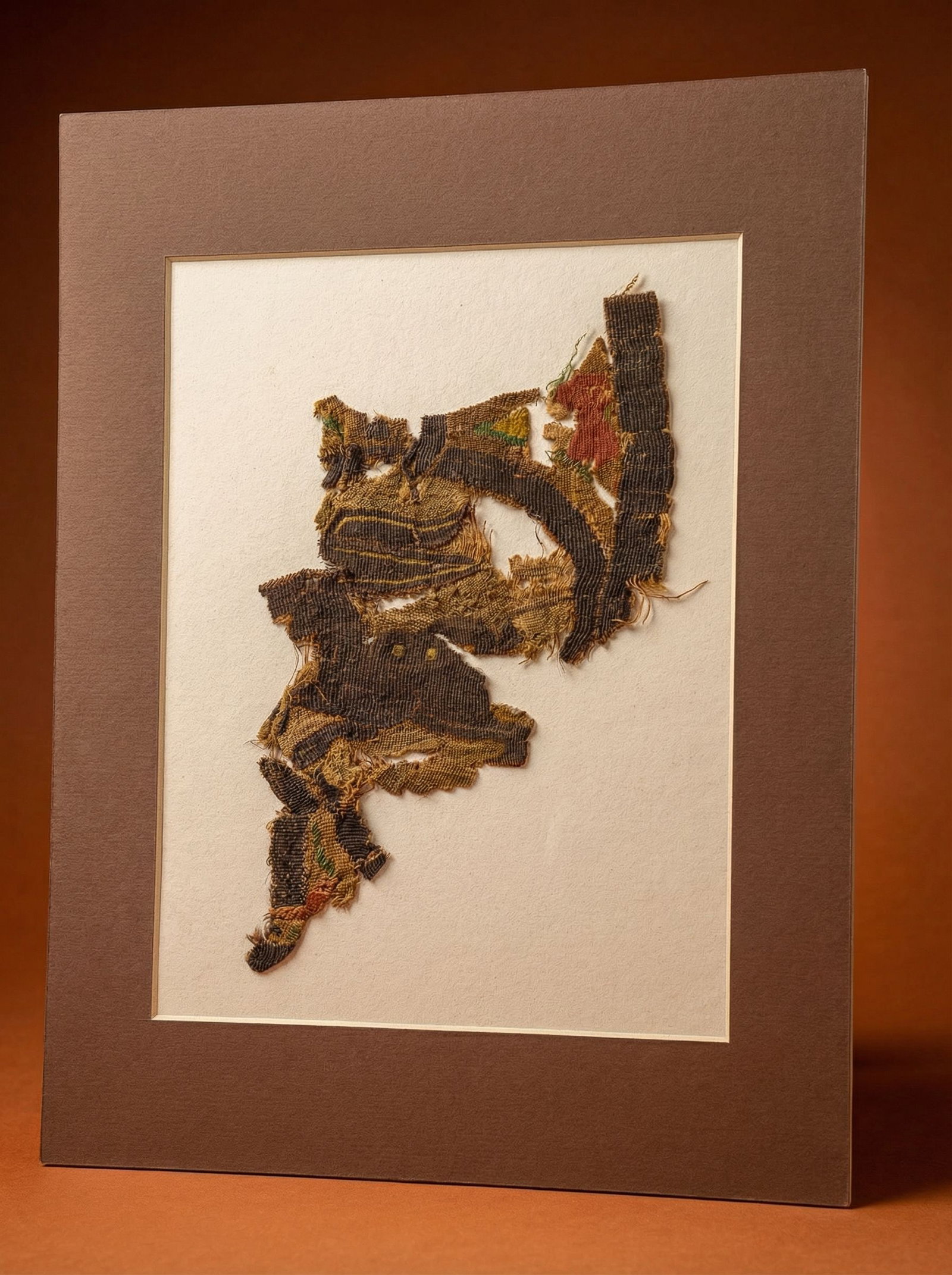 Ancient Egyptian Coptic Textile Fragment with a Rabbit Motif: A rare ancient textile fragment dating from the 3rd-10th century, Egypt. The fragment features a rabbit figure and other designs. The textile measures 10.5 x 6 inches in a 12 x 16 inch matted frame. P