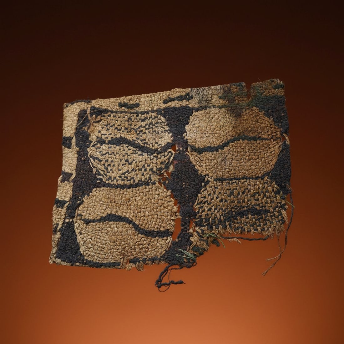 Ancient Coptic Artifact 3rd to 10th Century: Ancient linen fragment, likely from a tunic in un-dyed brown color with black designs. Coptic peoples, 3rd to 10th century, Egypt. The fragment measures 3.5 x 5 inches in a 16 x 20 inch matted frame.