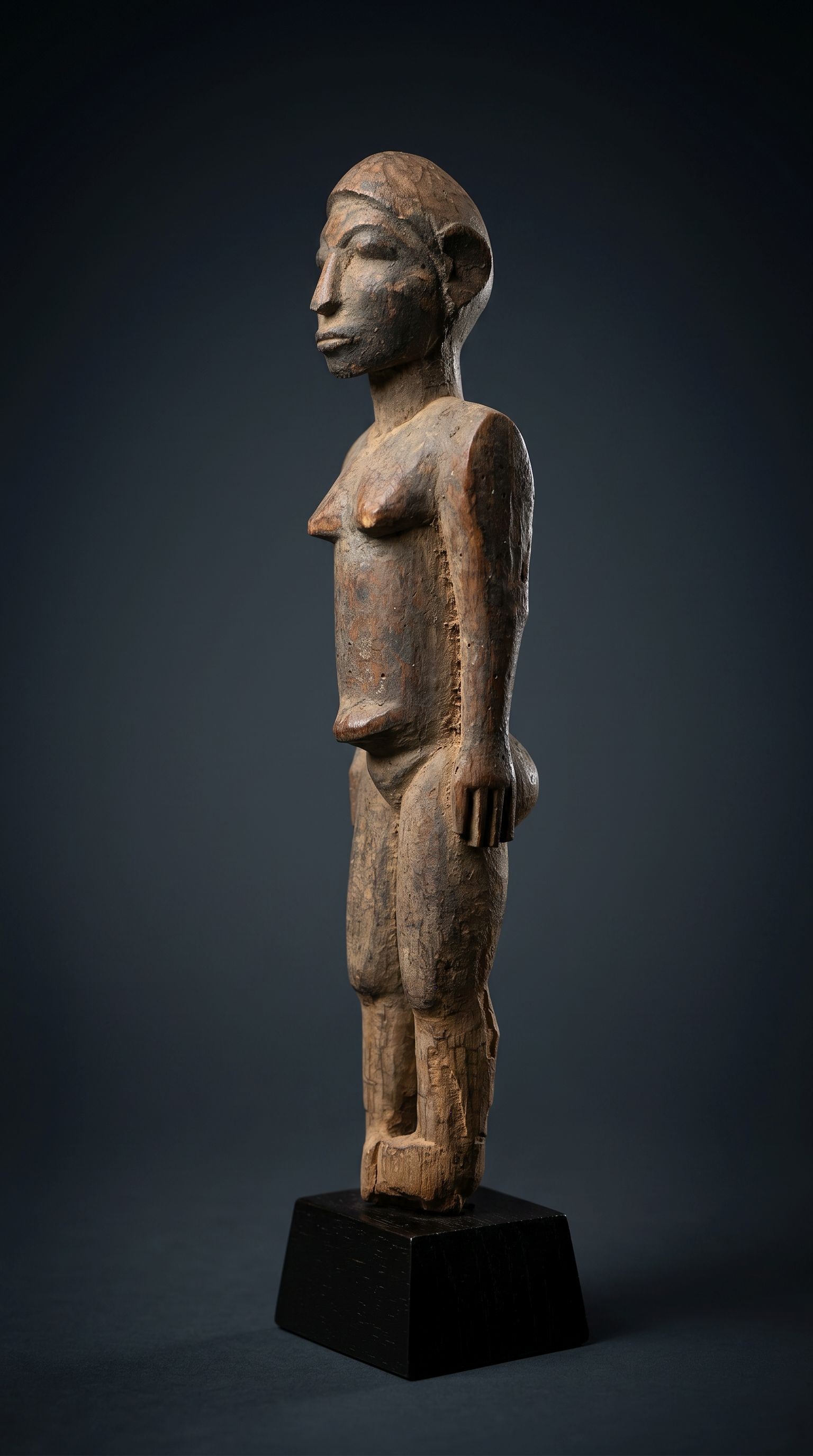 A Lobi Bateba Female Shrine Sculpture: A well worn and weathered female sculpture which stands stright with her arms tightly at her side and with slightly encrusted surface and eroded feet/base suggesting age and field use. Lobi peoples, B
