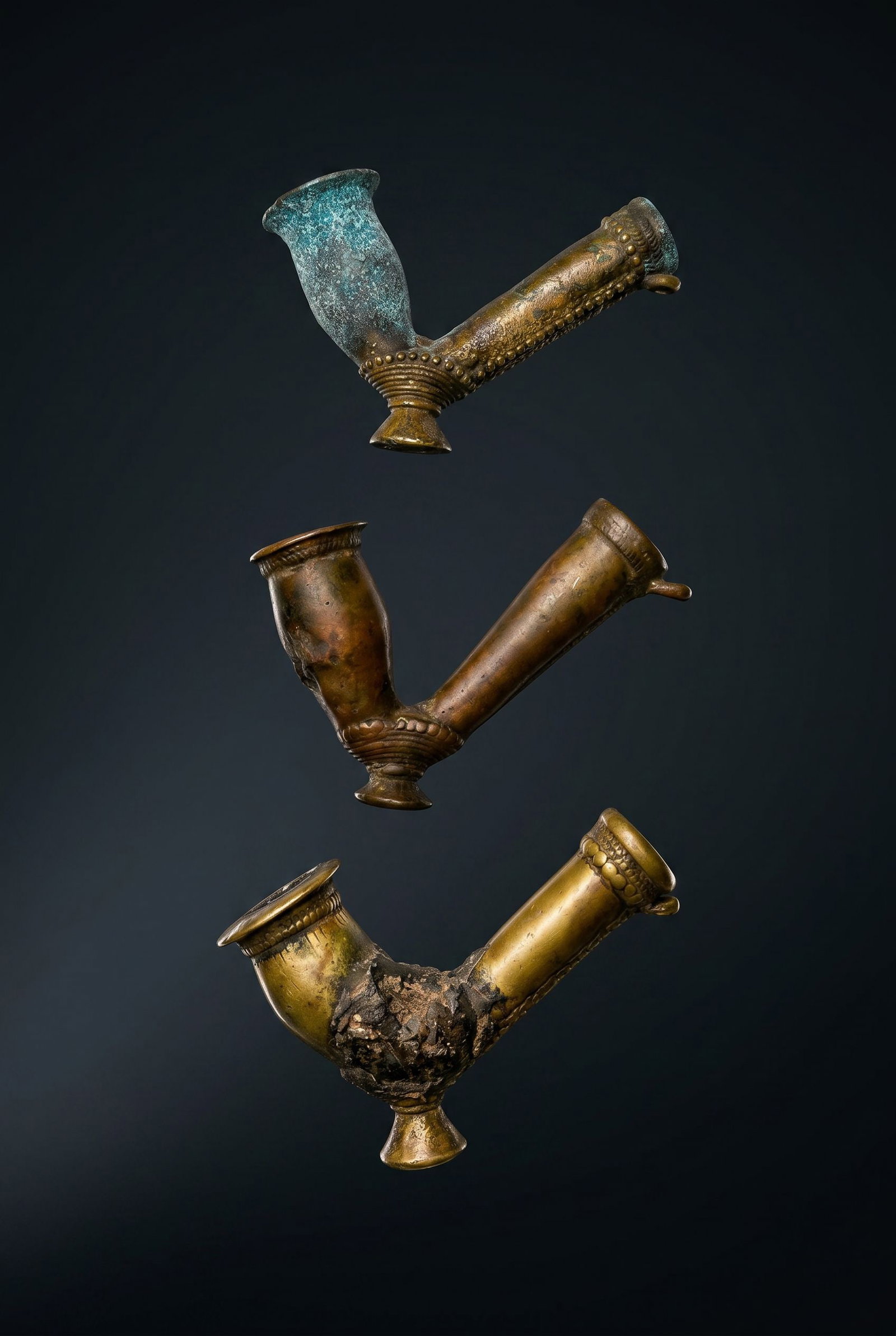 A Collection of Old Bronze Pipe Bowls: A lot of three very old, possibly 18th century Pipe bowls from West Africa. The Bowls measure 3.5 to 2.5 inches long and all three show extensive wear and handling, one example with indigenous repairs