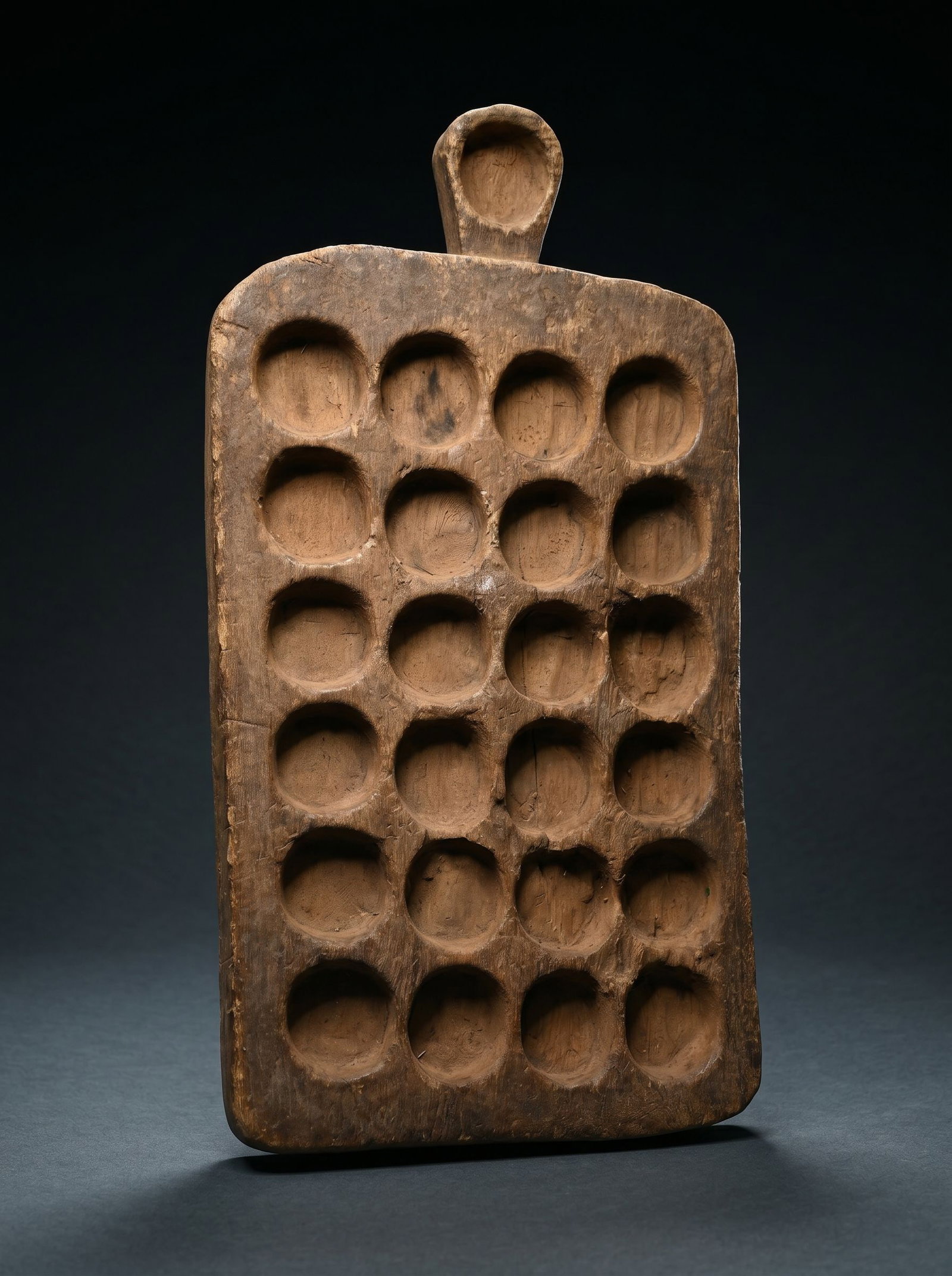 Old Mancala Game Board: A old carved wooden game board from Mali, west Africa with a well weathered surface and obvious signs of age and use over many years. The Board measures 20.5 x 11 x 7 inches. Dogon or related ethnic g