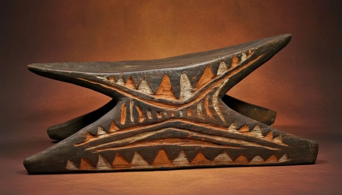 Old Middle Sepik River Stool Ex Caesar Collection: A Middle Sepik Stool, East Sepik Province, Papua New Guinea. This carved wooden bench or stool pf typical form was embellished with mineral pigments, and rendered in an hour-glass form imitating the s