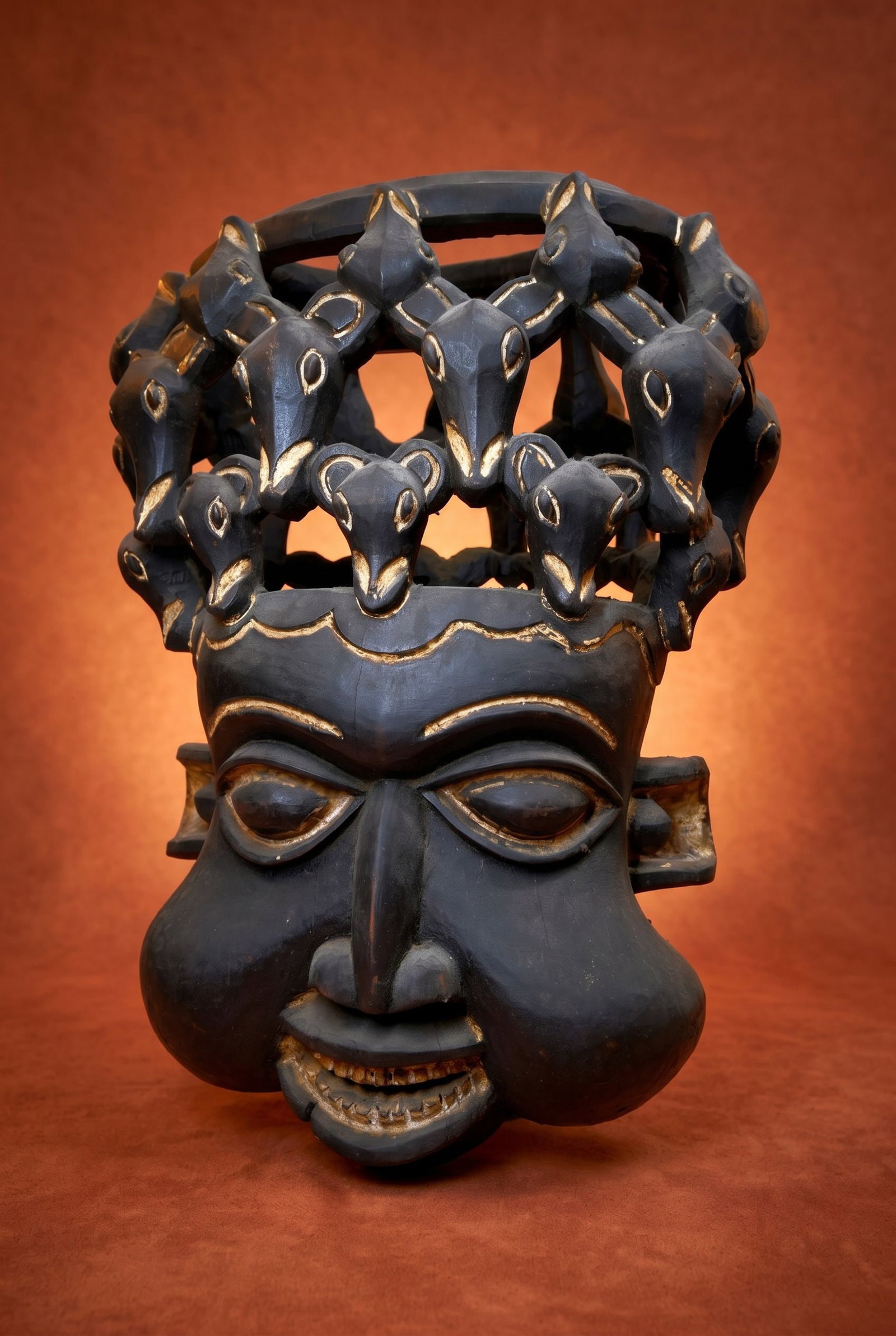 A Large Bamun Helmet Mask: A tall intricate wooden helmet mask all carved from a single piece of wood. The Mask features many zoomorphic images, which appear to be canine and a classic smiling face. This mask measures 21 x 15 i
