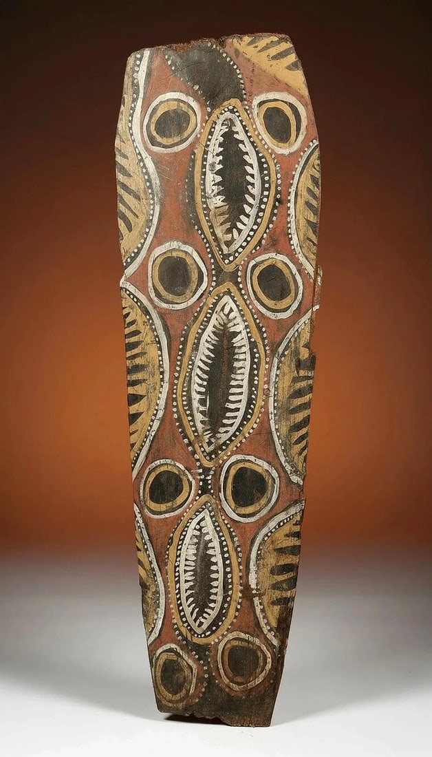 Rare Kwoma Washuk Meeting House Panel Field Collected: A Rare Kwoma Washuk Meeting House Panel. A large and impressive panel painted on a flattened section of palm tree bark and painted with natural organic pigments. The Painting is of a Spirit almond sha