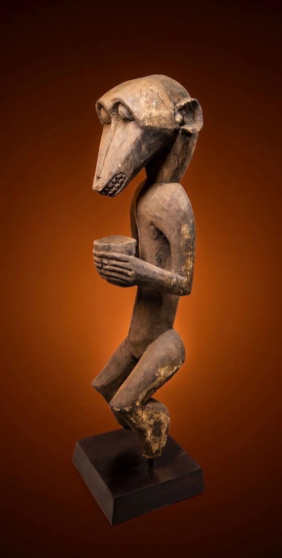 A Baule Monkey Sculpture: The Baule monkey figure, known as Mbra or Gbekre, is a powerful totem animal carved for ritual magic by the Baule peoples of the Ivory Coast. These figures combine human and animal traits, acting as s