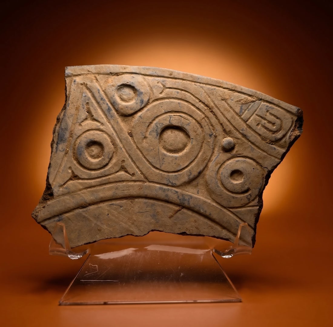 Ancient Pottery Fragment From Venezuela 1000 BC: A large ancient pottery sculpture fragment with spiral designs from the Los Barrancos culture of Venezuela , South America, dating back to 1000 BC to possibly 1000 AD. Very little is known of the